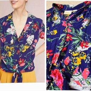 Maeve Anthropologie Womens Top Blouse Blue Floral Print Button Cap Sleeve Size 0